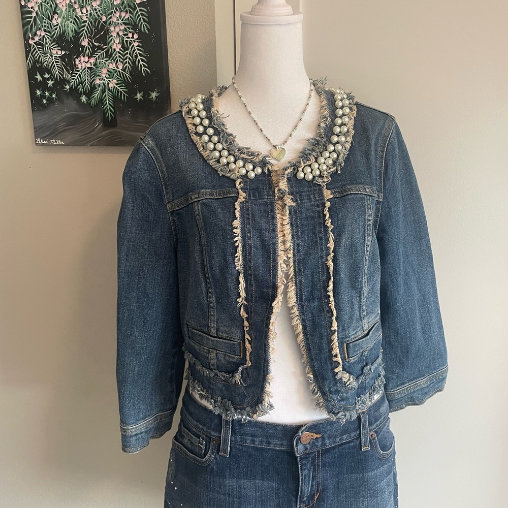 (Sold)denim and faux pearl detailing vintage y2k jacket